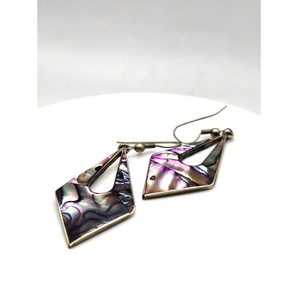 Vintage Purple Abalone Shell Sterling Earrings 2.5" marked Alpaca Mexico - Picture 2 of 6